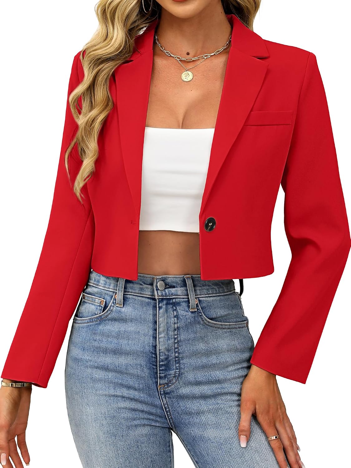 ELLEVEN Women’s Cropped Blazer Business Casual Open Front Long Sleeve One Button Jacket