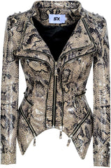 SXHEYUY Women Fashion Leather Coat Snake Print Moto PU Biker Jacket