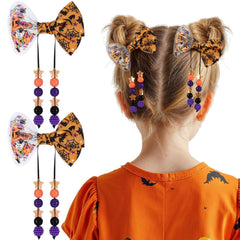 Halloween Hair Bows for Girls, 2PCS Spider Web Bow Clips, Halloween Hair Clips with Beads, Orange Hair Accessories for Girls Women (Beads)