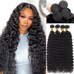 Deep Wave Human Hair Bundles 18 20 22 Inch Deep Curly Bundles Human Hair 12A Unprocessed Brazilian Virgin Weave 3 Bundles Real Human Hair Extensions 1B Natural Black Bundle for Women