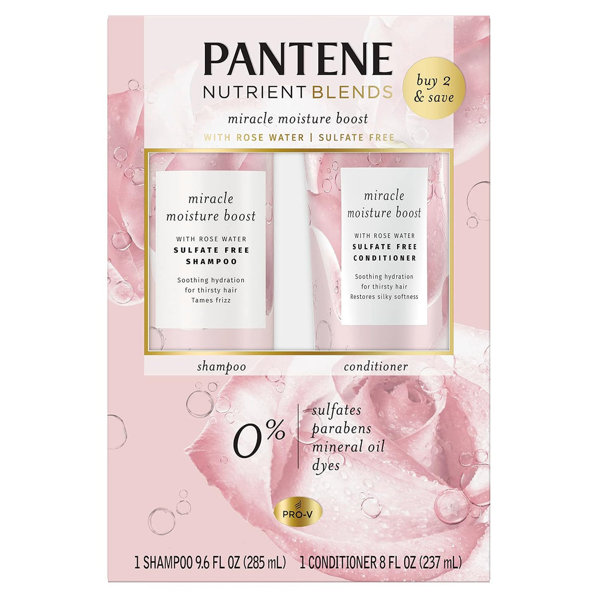 Pantene Nutrient Blends Miracle Moisture Boost Rose Water Shampoo & Conditioner Dual Pack for Dry Hair, Sulfate Free