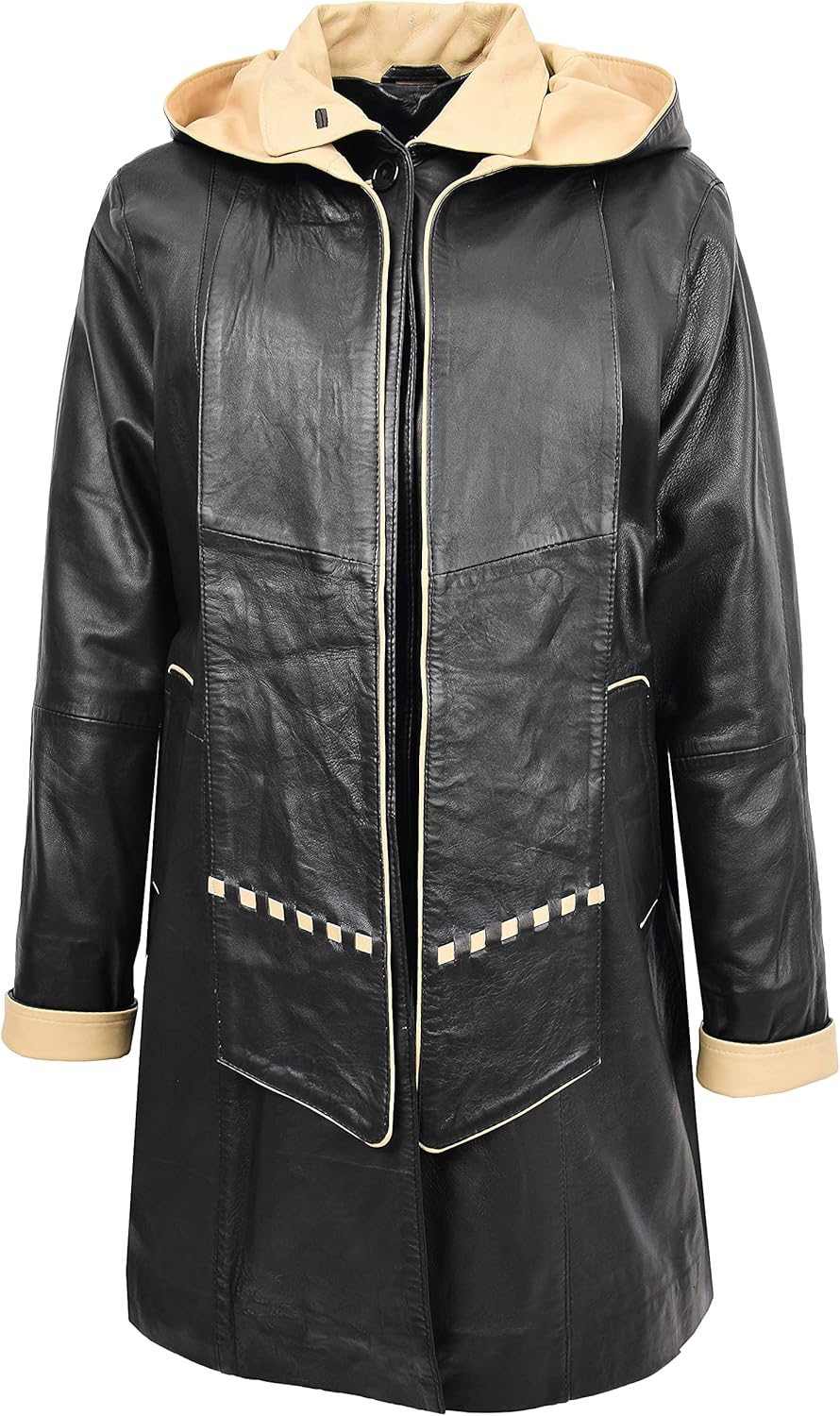 Womens Real Leather Coat Classic Detachable Hooded Style Debra Black Beige