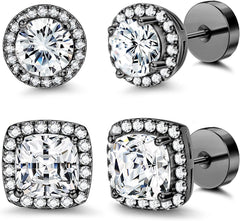 FASACCO 14K Flat Back Round Square Stud Earrings for Men Women Large Big Cubic Zirconia Stud Earrings Mens Earrings Flatback Earrings