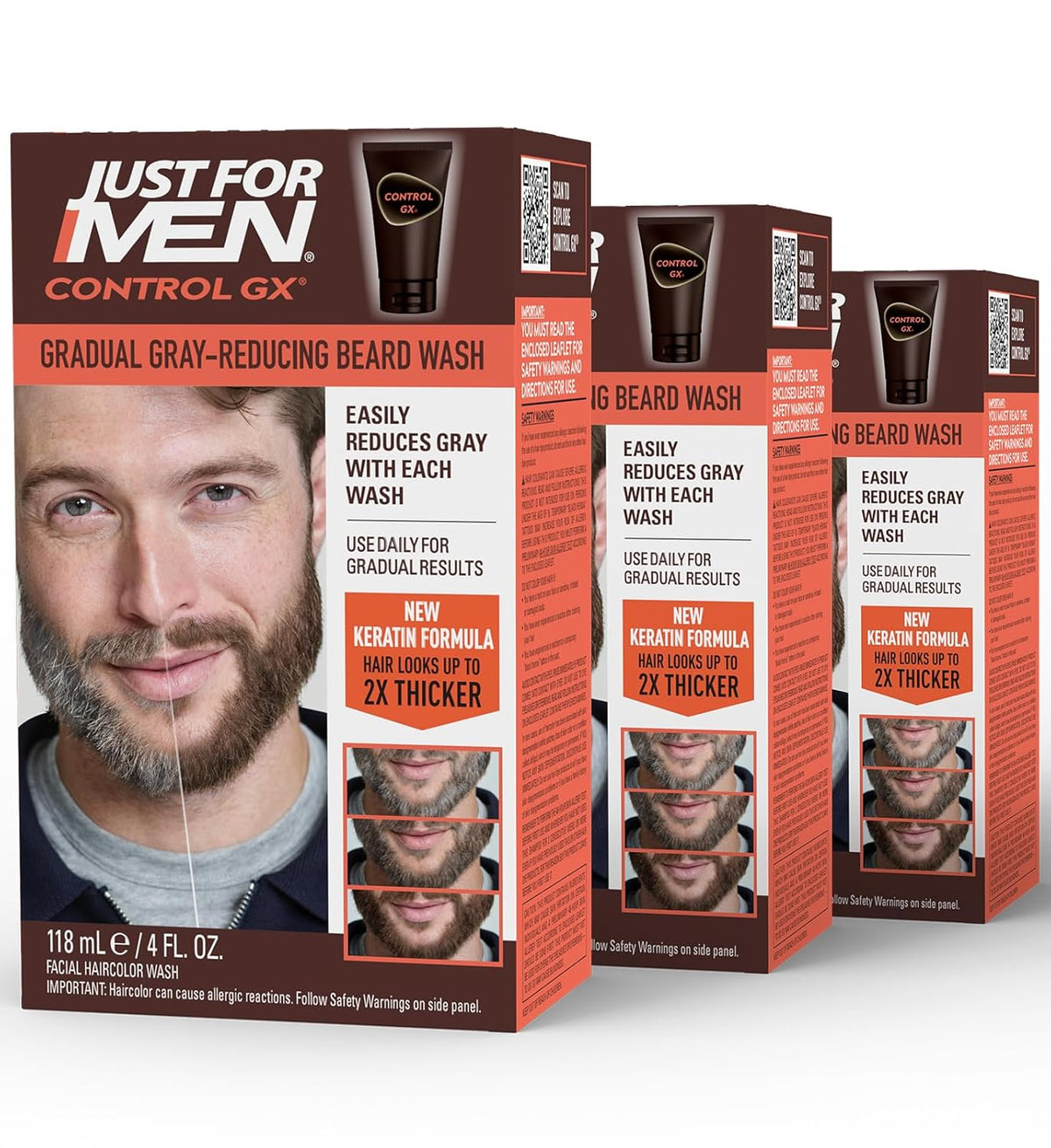 Just for Men Control GX Grey Reducing Beard Wash Shampoo with Keratin, Gradually Colors Mustache and Beard, Leaves Facial Hair Thicker Softer and Fuller, 4 Fl Oz - Pack of 1 (Packaging May Vary)