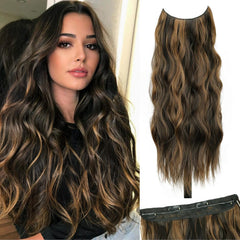 Brown Mixed Blonde Invisible Wire Hair Extensions Long Wavy Synthetic Hairpiece with 4 Secure Clips for Women 20 Inch Clip in Hair Extensions