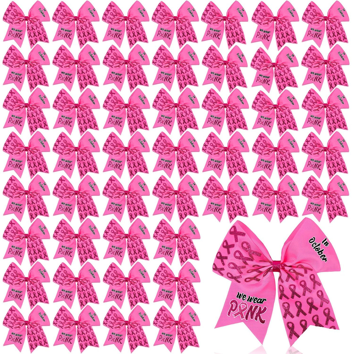 24Pcs Breast Cancer Awareness Cheer Bows 7 Inches Pink Breast Cancer Bows Large Glitter Pink Hair Bow for Teens Women Cheerleading Public Charity