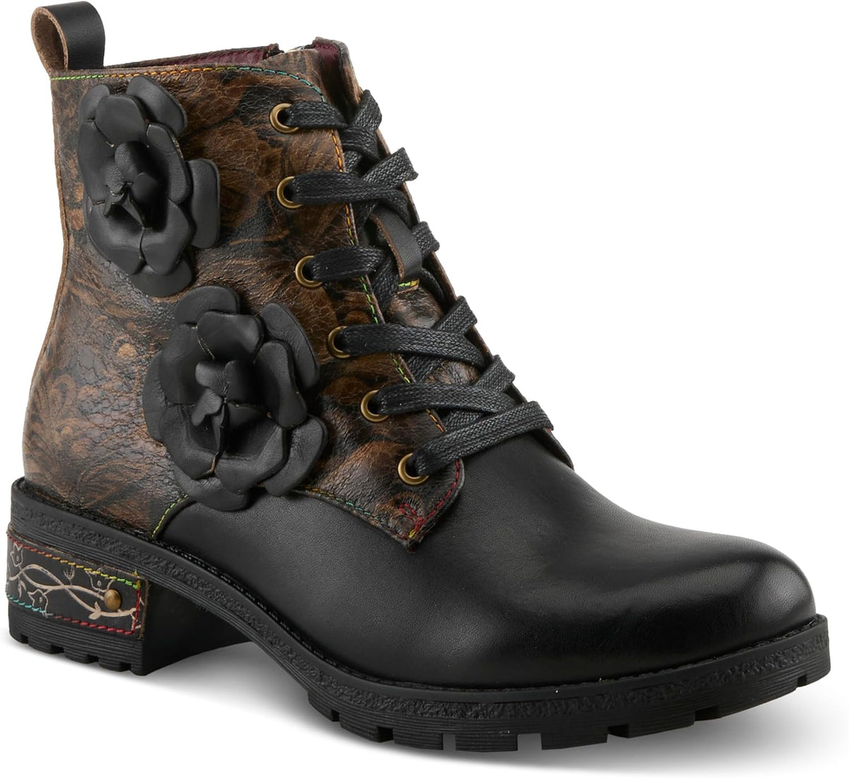 Spring Step L'Artiste Martinela Heeled Booties - Floral Appliqué Leather Ankle Boots with Artistic Touch - Cushioned Insole, Durable Rubber Sole,Women's Footwear