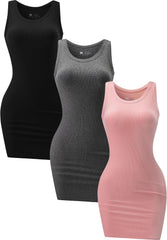 3 Pack Summer Dresses for Women 2025 Ribbed Tank Dress Scoop Neck Sleeveless Sundress Basic Bodycon Mini Dress