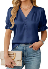 BMJL Womens Blouses Dressy Casual Satin V Neck Short Sleeve Shirts Business Casual Tops for Women