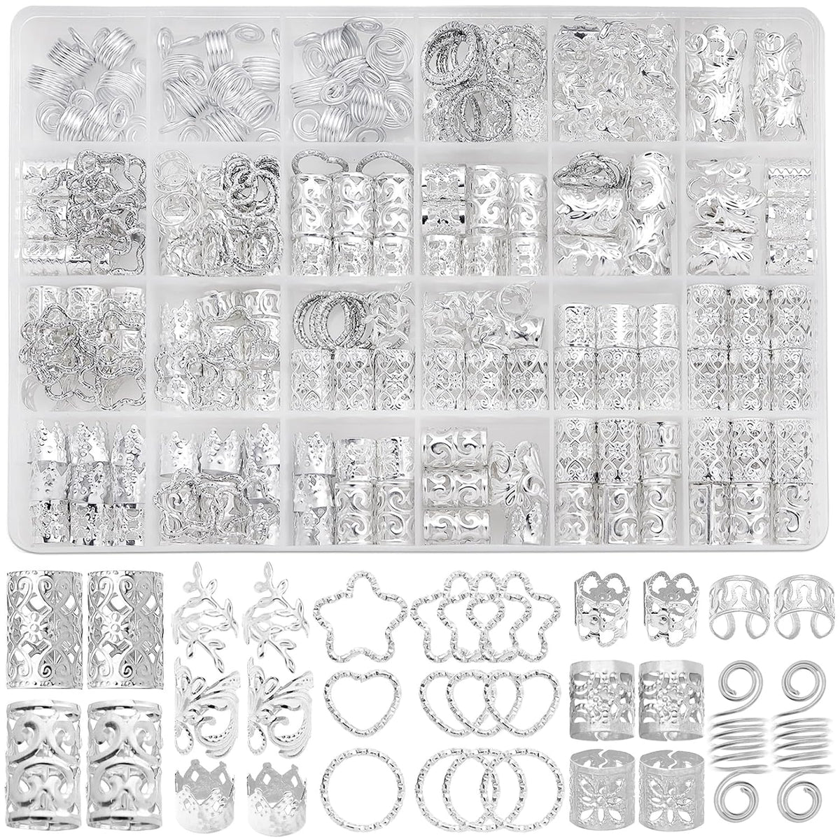 260 Pcs Hair Jewelry for Braids,Hair Beads Accessories for Dreadlock,Metal Hair Clips Cuffs Rings,Loc Rave Hair Charm Decorations Adjustable Kits for Men Women Silvery