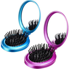 Boao 2 Pack Foldable Travel Mirror Hair Brushes Round Portable Folding Pocket Hair Brush Mini Comb Compact Travel Size Massage Comb for Men Women(Black)