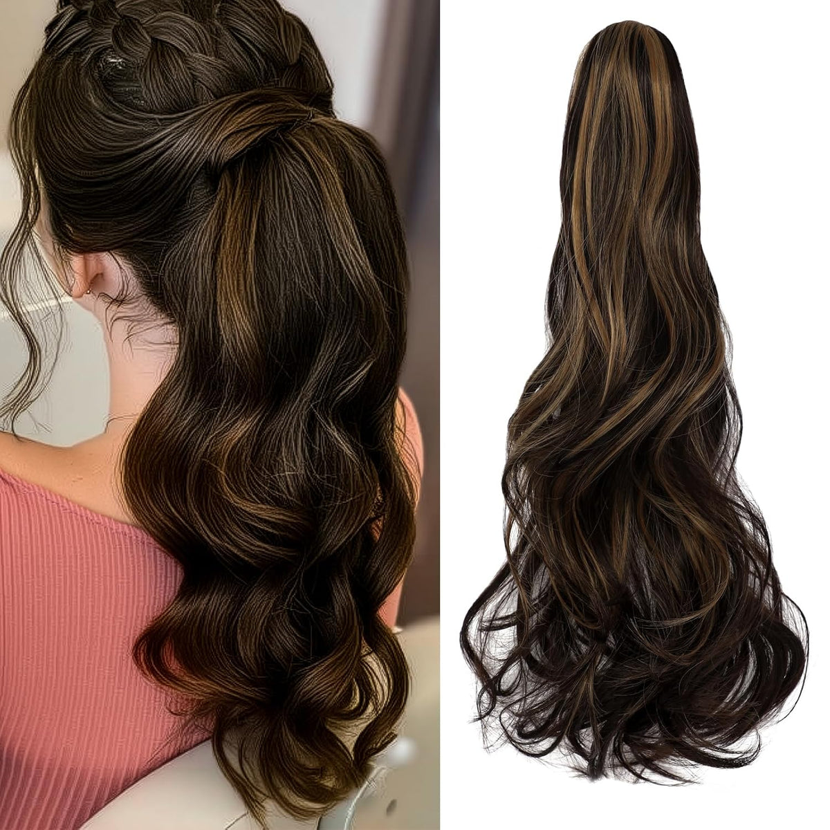 FELENDY Ponytail Extension Claw 18" 20" Curly Wavy Straight Clip in Hairpiece One Piece A Jaw Long Pony Tails for Women Dark Brown