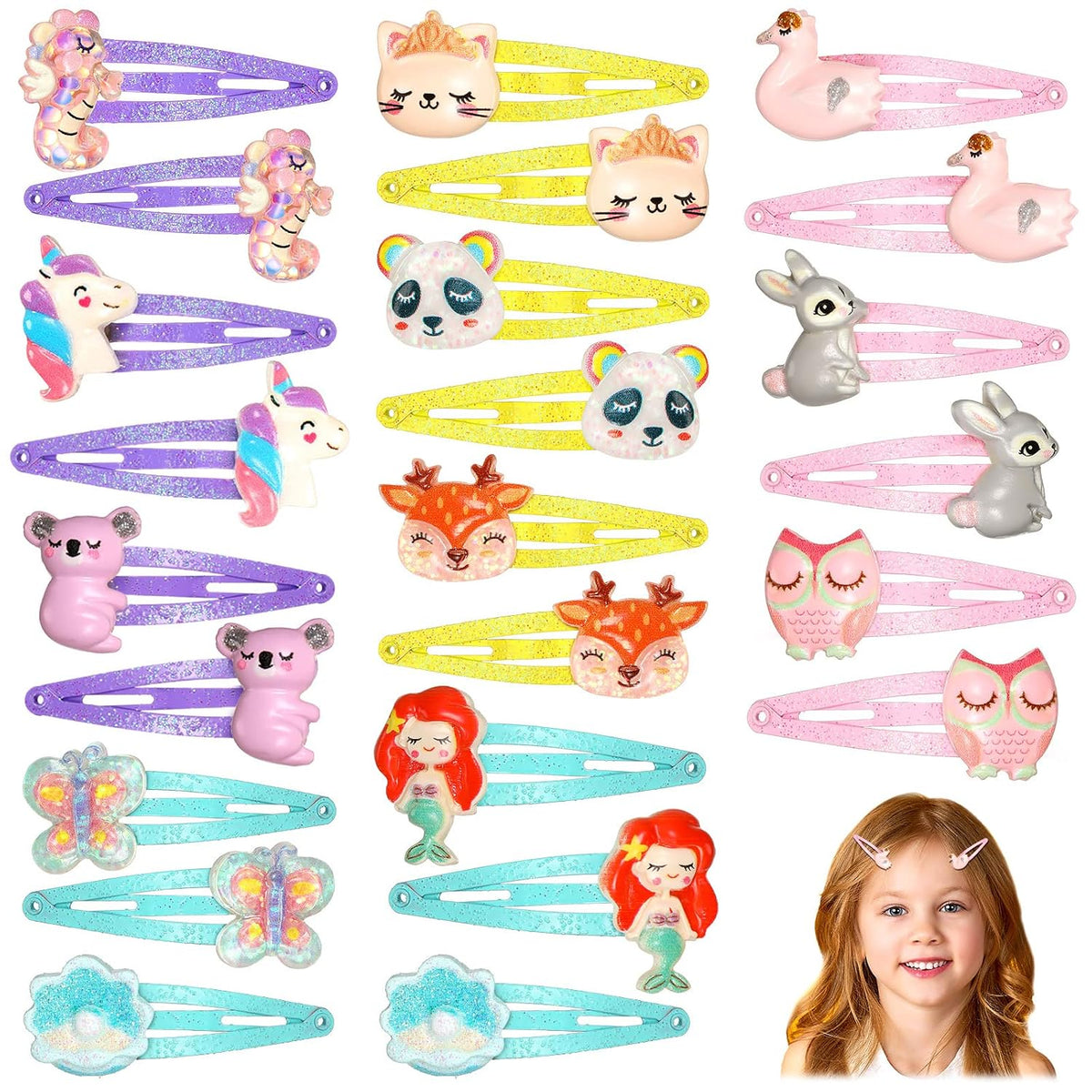Hanaive 24 Pcs Rainbow Unicorn Clips Metal Clips Butterfly Snap Barrettes Cute Mermaid Hair Pins Sparkly Animal Hair Accessories for Toddlers Little Girls Birthday Party Gifts(Butterfly Pattern)