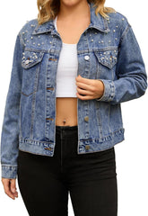 Women's Bride Jean Jacket Trendy Spring Long Sleeve Button Up Pearl Denim Jackets