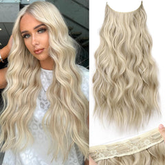KooKaStyle Invisible Wire Hair Extensions with Transparent Headband Adjustable Size 4 Secure Clips Long Wavy Highlight Hairpiece 20 Inch Balayage Dark Brown to Chestnut for Women