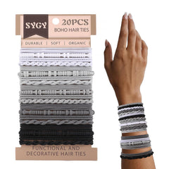 10 Boho Bracelets, Braided & Stretch Hair Ties for Thick/Thin Hair, 5 Styles, Light Coffee Colors - No Damage Ponytail Holders