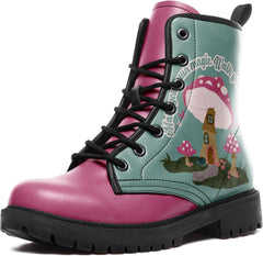 Women's Mid-Calf Combat Boots Leather Lace-Up Booties with Artistic Mushroom and Floral Patterns for Hiking,Daily Wear