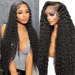 JTMMP 13x6 Deep Wave Lace Front Wigs Human Hair 200% Density 26 Inch Curly Human Hair Wig for Women Natural Black HD Transparent Lace Glueless Frontal Wigs Human Hair Pre Plucked