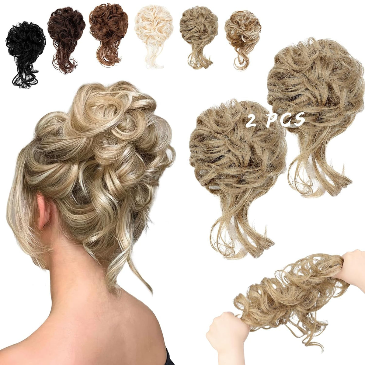 2PCS Messy Bun Hair Piece Tousled Updo with Tendrils Wavy Curly Hair Bun Scrunchies Ponytail Extension Elastic Band Hairpieces For Women (Light Brown mix Ash Blonde)