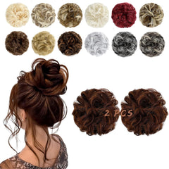 2 PCS Messy Bun Hair Piece Wavy Curly Hair Bun Scrunchies Extensions Synthetic Chignon Thick Updo Hairpieces for Women Girls(Dark Brown)