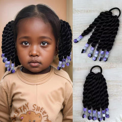 YOROSTAR 2 Pieces Kids Ponytail With Beads 6inch Two-Strand Twists Braided Ponytails for Kids Braids with Beads Protective Braided Hairstyles for Black Girls(Rose Red Beads)