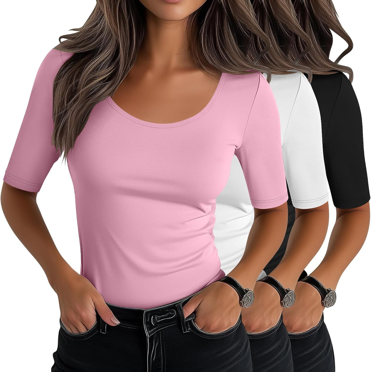 Neer 3 Pack Women's Scoop Neck Stretchy Tops Cotton Half Sleeve Slim Fitted T-Shirts Tight Casual Basic Summer Tees