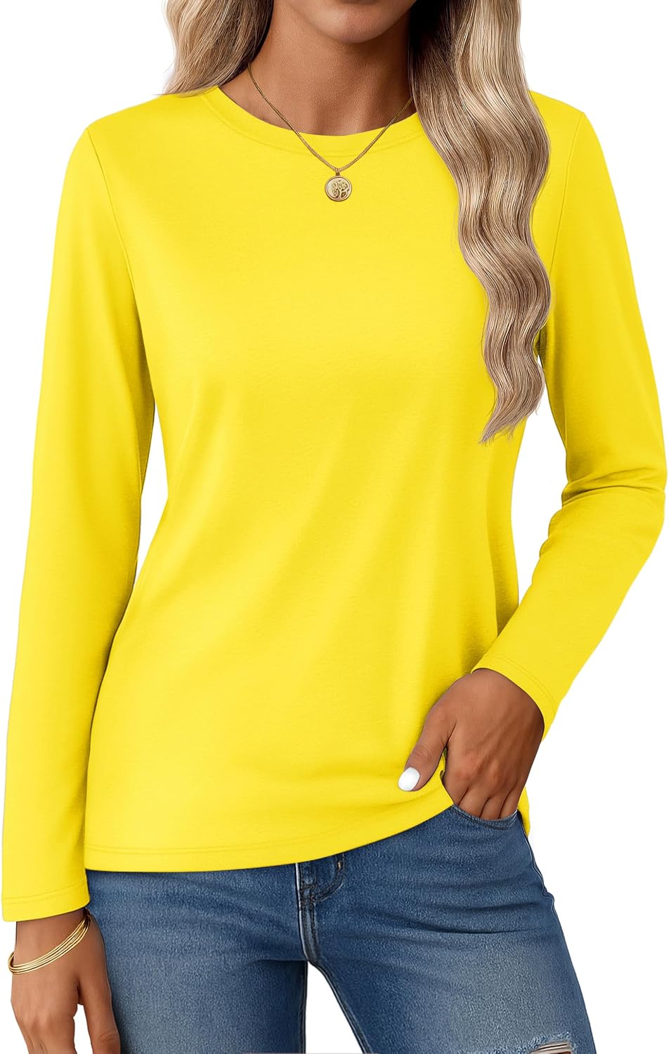 YUCOLEN Women's Cotton Long Sleeve Shirts Crewneck Cotton Basic T-Shirt Solid Color Soft Comfy Casual Tops Tees for Women