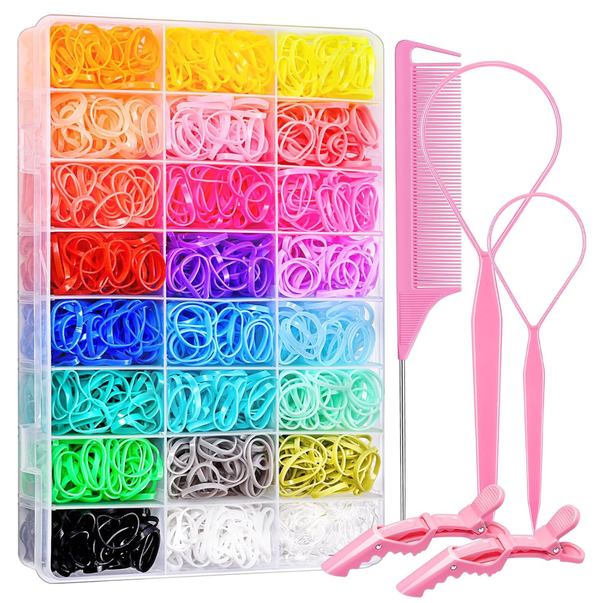 Topsy Tail Hair Tool Set by IKOCO - 400pcs Hair Bands, 2pcs Loop Styling Tools, Rat Tail Comb, (200pcs Each) Clear and Black Elastics