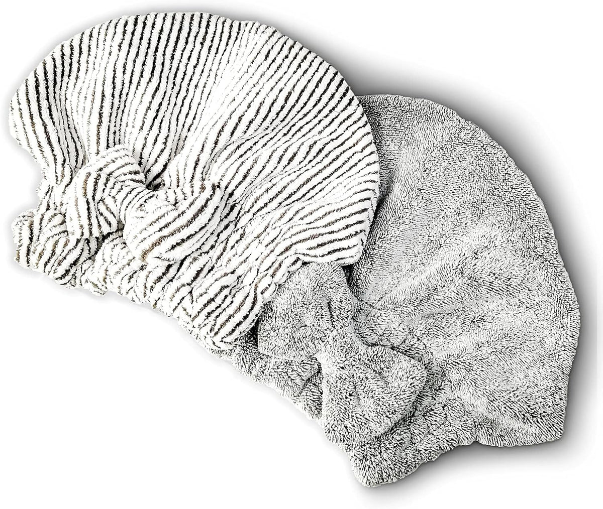 Microfiber Hair Towel Wrap, Soft Absorbent & Quick Drying Cap Set for Curly Thick Hair, Women & Girls - 2 Pcs (Stripe & Gray)