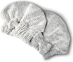 Microfiber Hair Towel Wrap, Soft Absorbent & Quick Drying Cap Set for Curly Thick Hair, Women & Girls - 2 Pcs (Stripe & Gray)