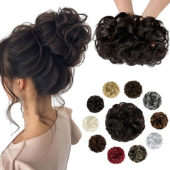 Messy Bun Hair Piece Wavy Curly Scrunchies Fluffy Donut Thick Updo Elegant Chignon Hairpieces for Women Girls, Dark Brown 1.4oz