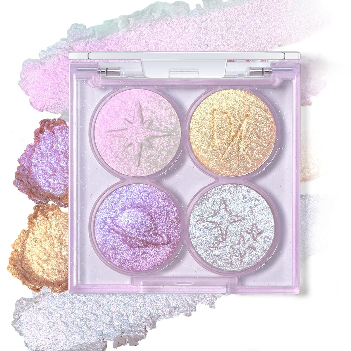 Holographic Moonlight Gold Glitter Eyeshadow Quad Palette, Color Shift Metallic Shimmer Eyeshadow, Sparkle Inner Corner Eye Highlighter, Creamy Mini Eye Shadow Palette Iridescent Fairy Makeup