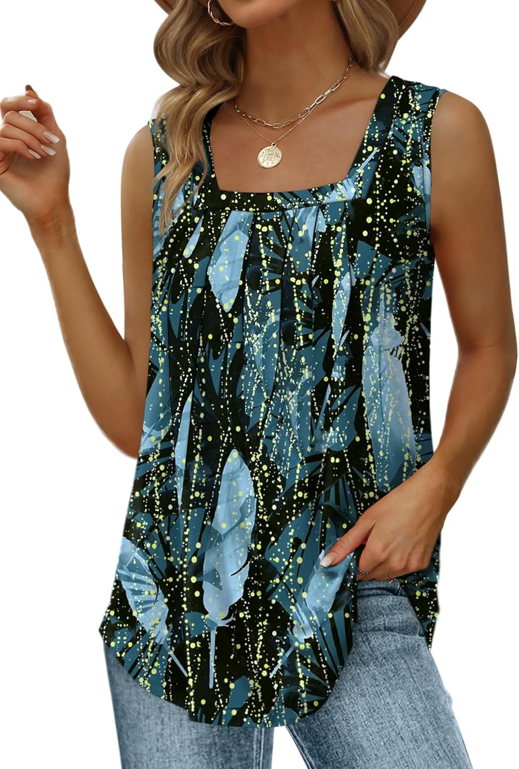 Saloogoe Summer Tank Tops for Women Loose Fit Pleated Square Neck Sleeveless Tops Curved Hem Flowy
