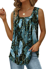 Saloogoe Summer Tank Tops for Women Loose Fit Pleated Square Neck Sleeveless Tops Curved Hem Flowy