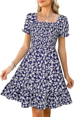 Lyrur Women's Short Sleeve Summer Dresses 2025 Spring Casual Square Neck Easter Dress A-Line Tiered Sundress with Pockets