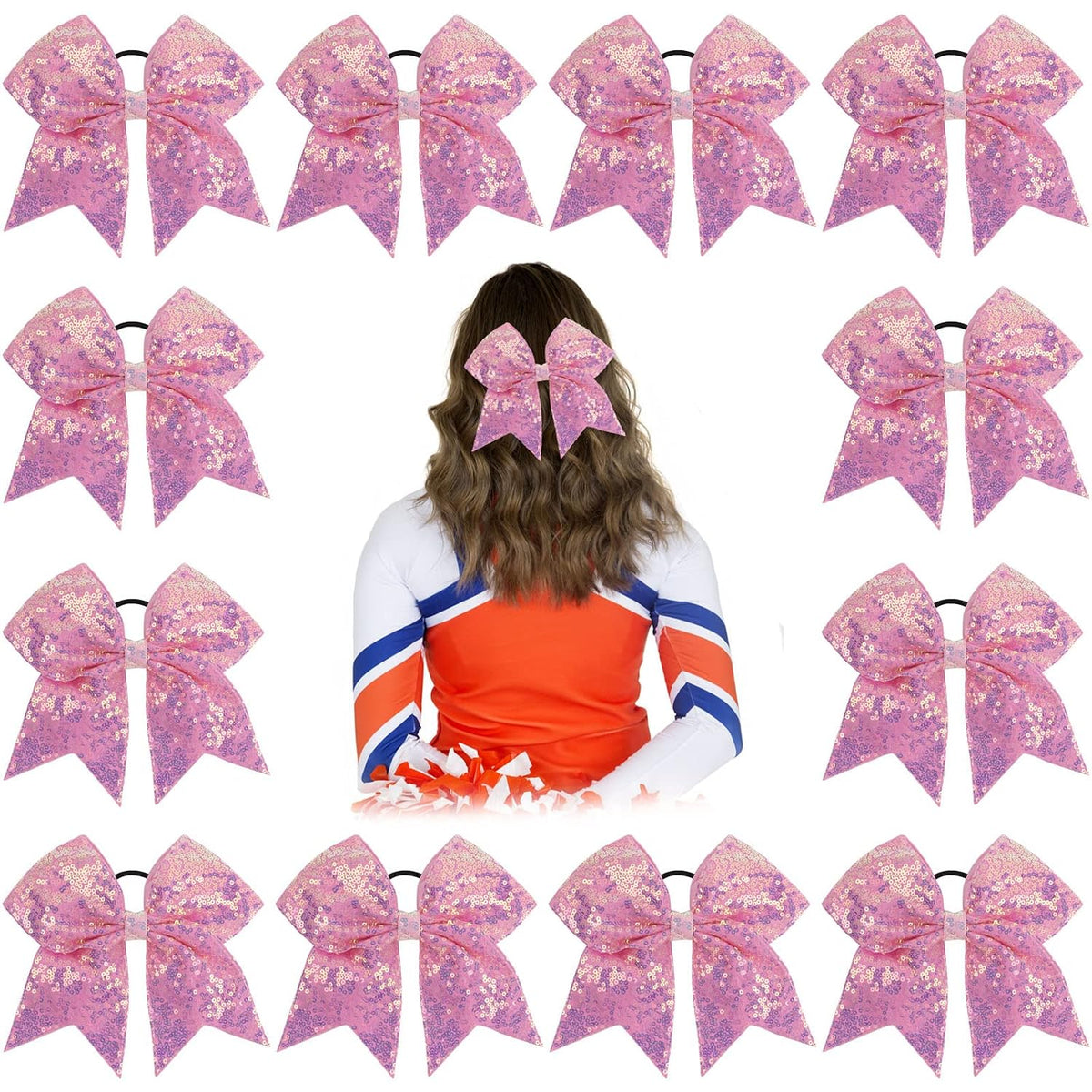 Oaoleer 12PCS 7" Large Glitter Cheer Hair Bows Ponytail Holder Elastic Band Handmade for Cheerleading Teen Girls College Sports (Sequin Hot Pink 12PCS)