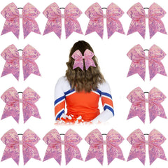 Oaoleer 12PCS 7" Large Glitter Cheer Hair Bows Ponytail Holder Elastic Band Handmade for Cheerleading Teen Girls College Sports (Sequin Hot Pink 12PCS)