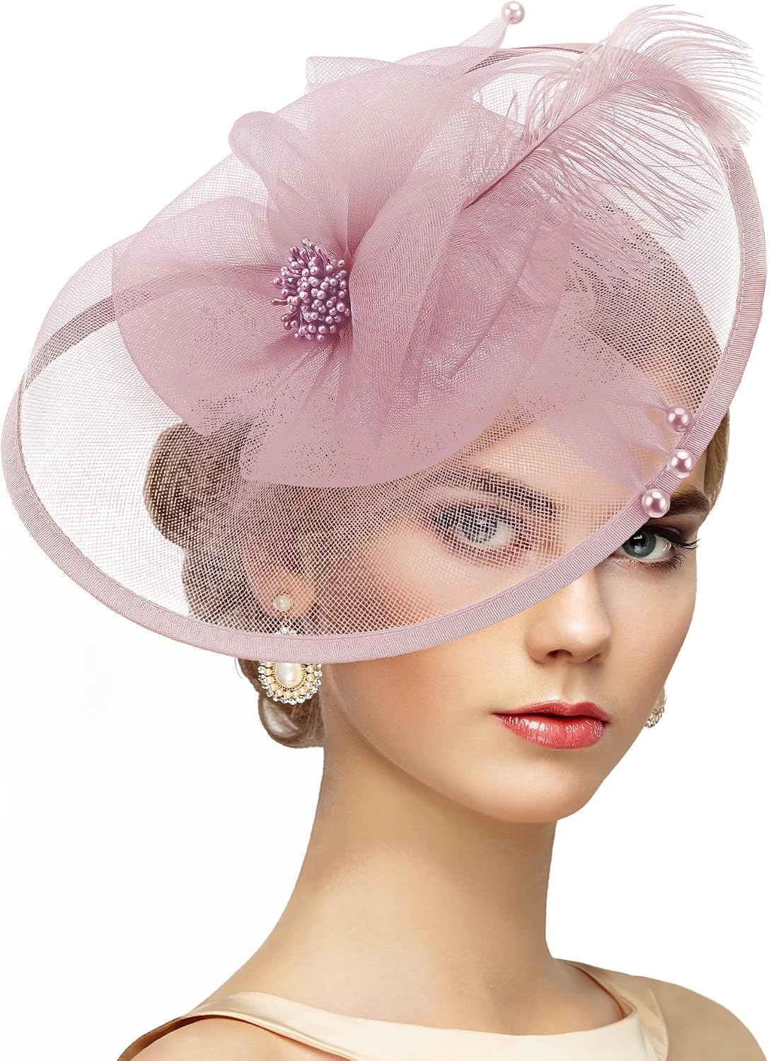 Feather Tea Party Fascinator - 2025 Derby Hat with Hairpin, 1920s 50s Hats for Women, 11.81 “x9.84”