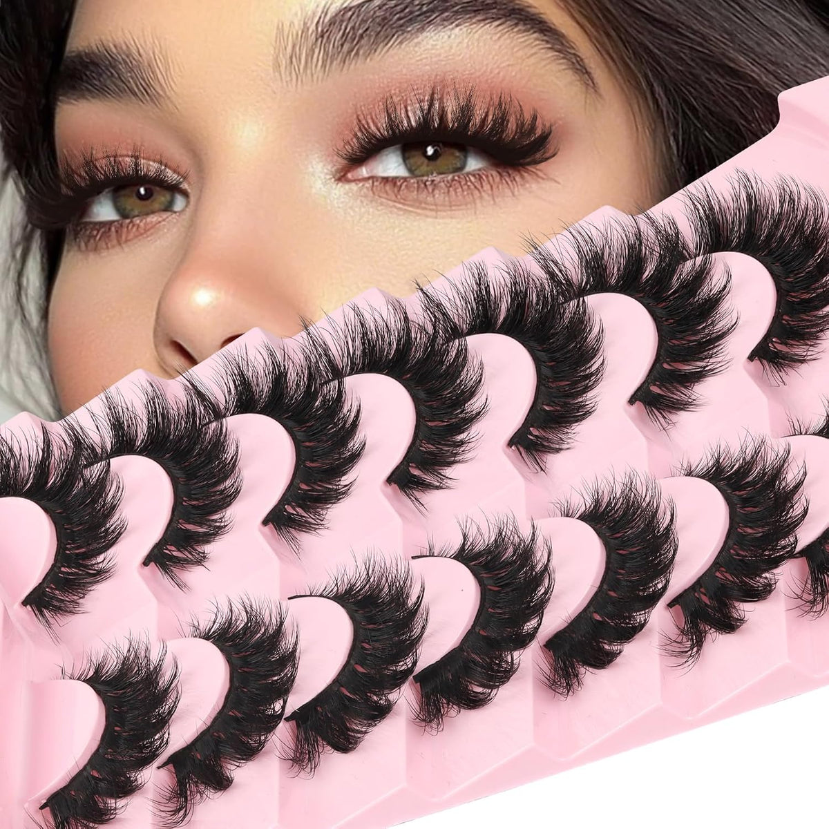 Losha Lashes Wispy False Eyelashes Fluffy Cat Eye Lashes 7 Pairs C Curl Lashes Strips Wet Look 10-17mm Fake Eyelashes with Lash Spikes (FC01)