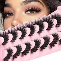 Losha Lashes Wispy False Eyelashes Fluffy Cat Eye Lashes 7 Pairs C Curl Lashes Strips Wet Look 10-17mm Fake Eyelashes with Lash Spikes (FC01)