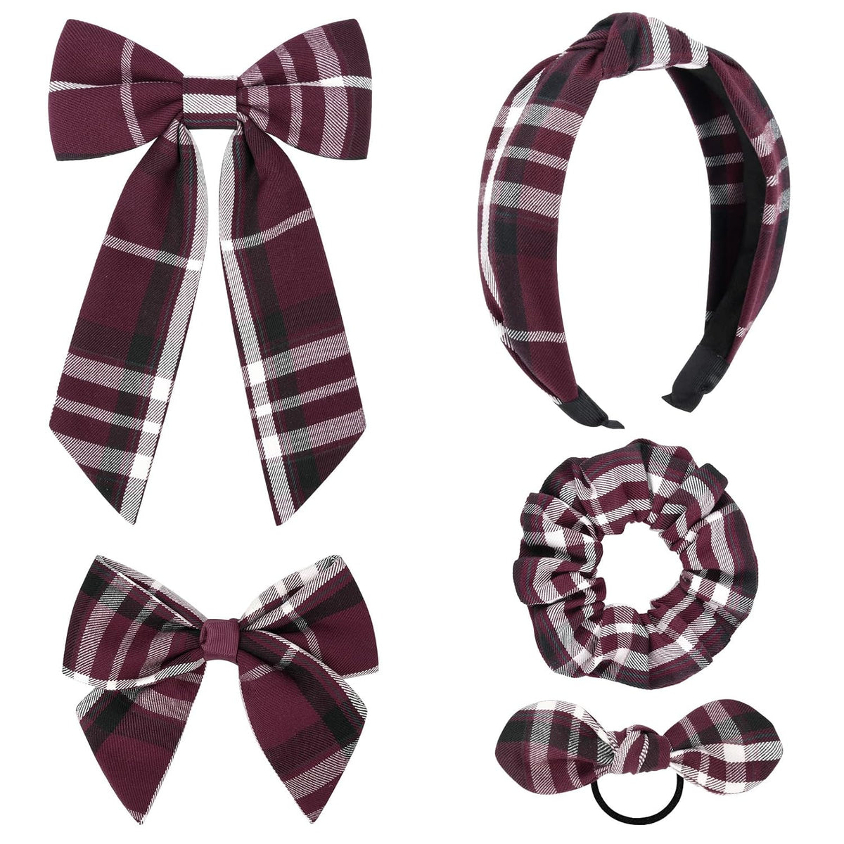 DEEKA 5 Styles Uniform Plaid Long Tail Hair Bows Knotted Headband Scrunchies Bow Set Alligator Clips Back to School Accessories for Toddler Little School Girls (Dark Green, Navy, Red&Yellow 5 Styles)