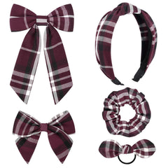 DEEKA 5 Styles Uniform Plaid Long Tail Hair Bows Knotted Headband Scrunchies Bow Set Alligator Clips Back to School Accessories for Toddler Little School Girls (Dark Green, Navy, Red&Yellow 5 Styles)
