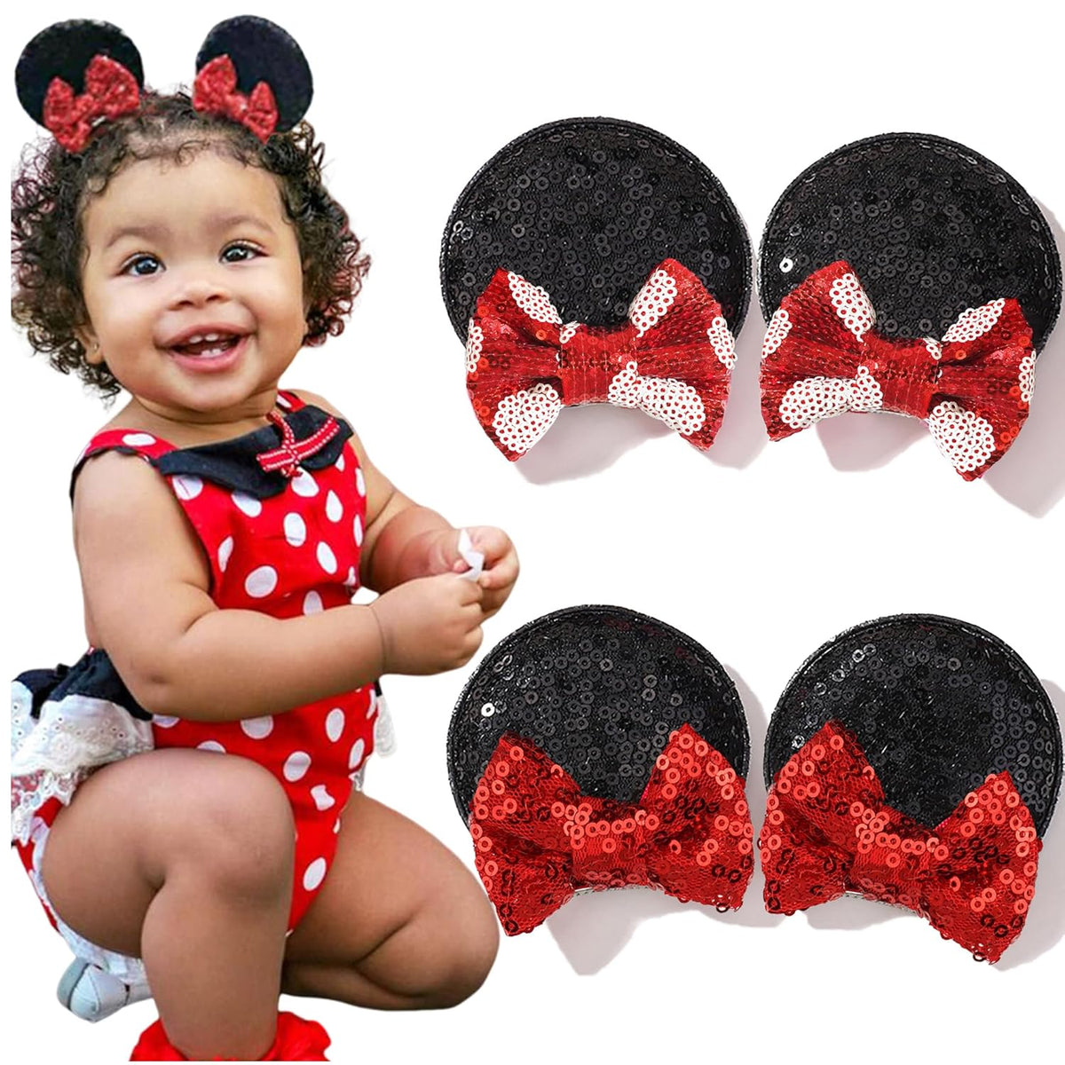 Ayesha Mouse Ears Hair Clips Mouse Ears for Girls Sequin Mouse Bows Barrettes Mice Ears Polka Dot Bows Mouse Hair Accessories for Kids Costume Party 4PCS