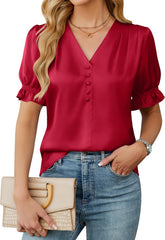 BMJL Womens Blouses Dressy Casual Satin V Neck Short Sleeve Shirts Business Casual Tops for Women