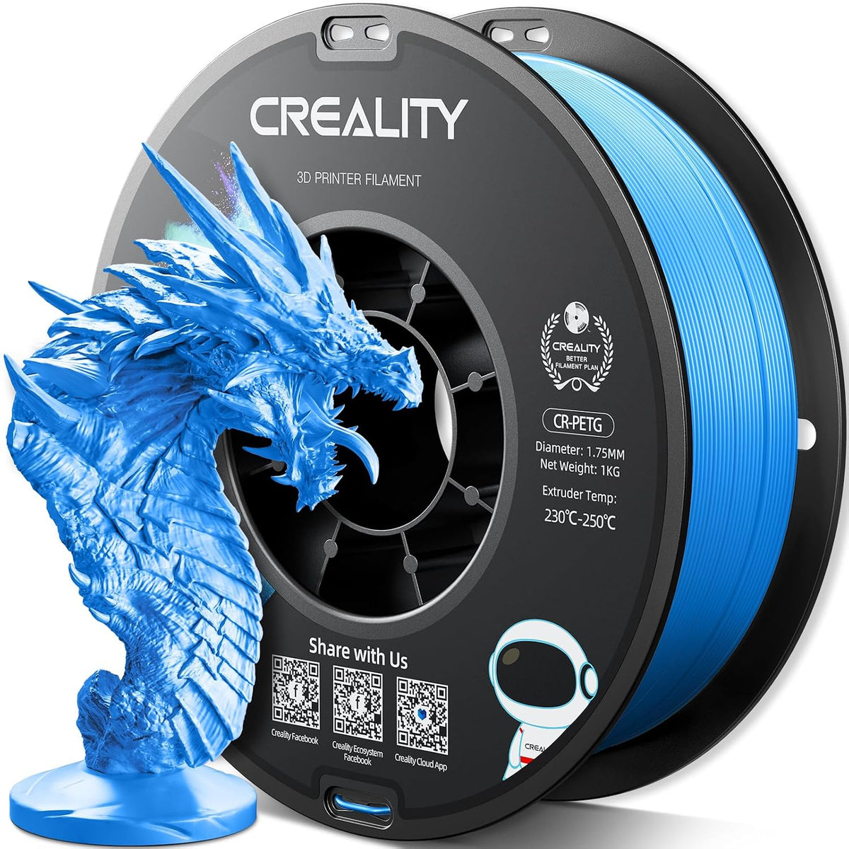 Official Creality PETG 3D Printer Filament 1.75mm 1KG (2.2lbs), Translucent Dual Color Gradient Blue to White, High Precision, Strong Toughness 3D Printing CR PETG Filament, Gradient Blue White