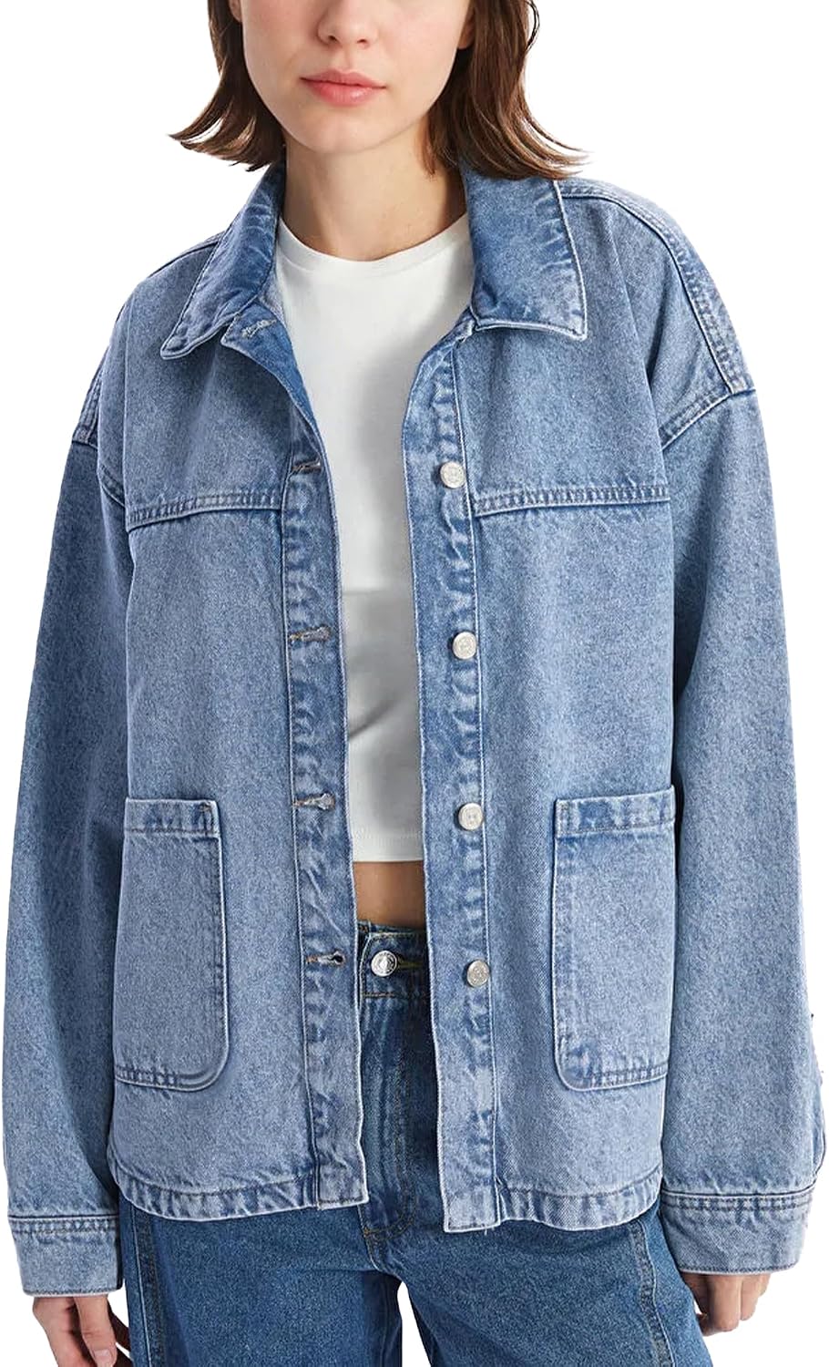 Hixiaohe Jean Jackets for Women Trendy Button Up Denim Shirt Jacket Oversized Long Sleeve Coat Fashion Clothes with Pockets