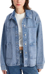 Hixiaohe Jean Jackets for Women Trendy Button Up Denim Shirt Jacket Oversized Long Sleeve Coat Fashion Clothes with Pockets