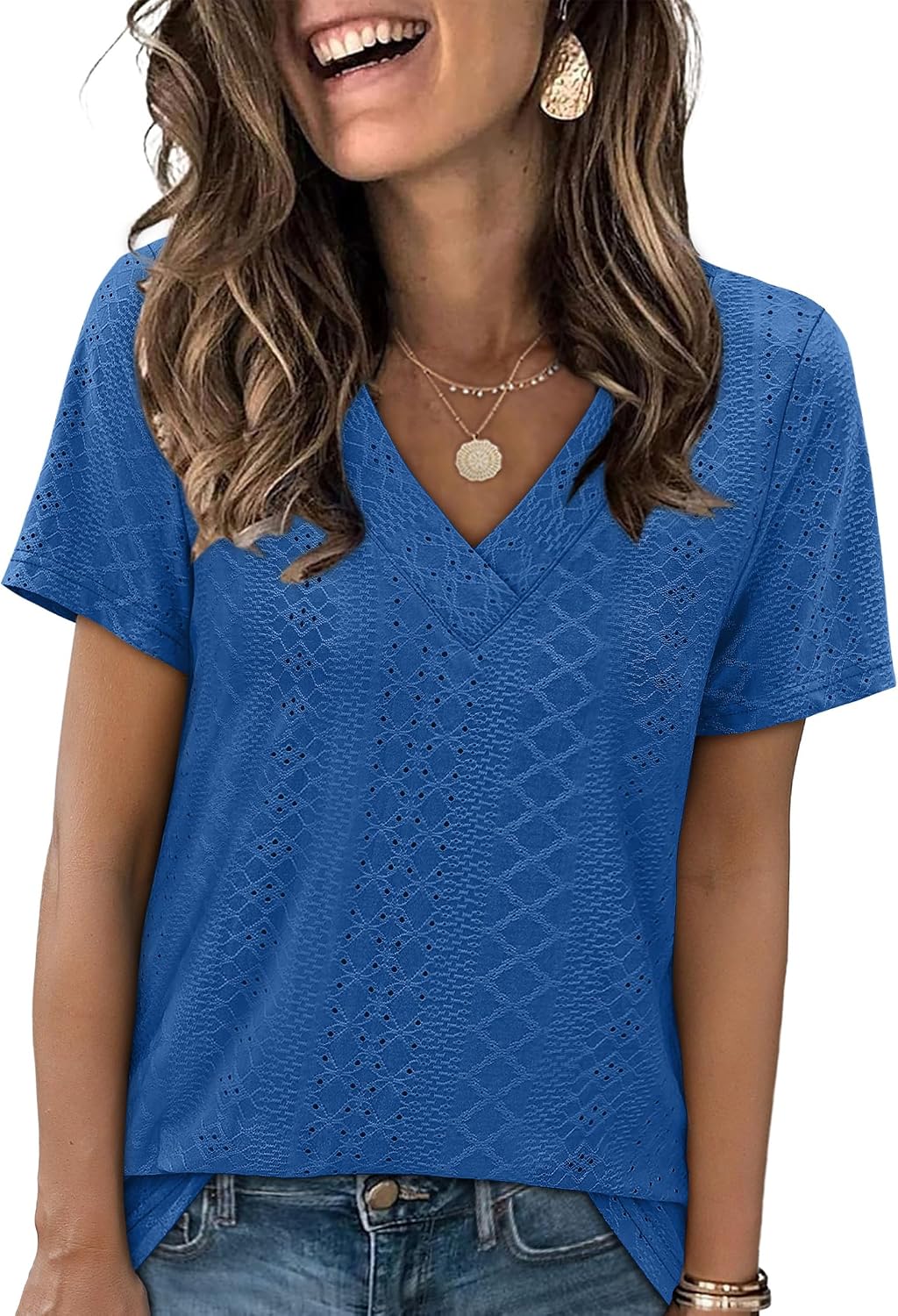 SAMPEEL Womens Summer Tops Trendy 2025 Eyelet Crossed V Neck T Shirts Loose Casual Short Sleeve Tshirts Shirts Fashion