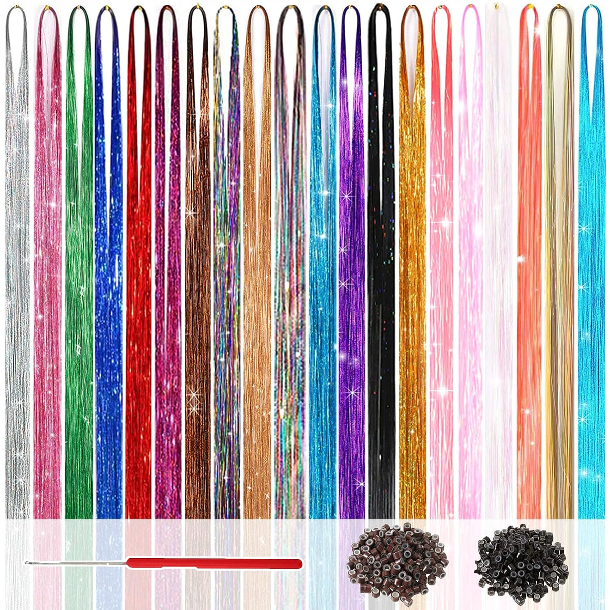48 Inch Glitter Hair Tinsel Extensions Kit (16 Colors, 4800 Strands) With Tools - Heat Resistant Fairy Hair Accessories for Women, Girls, Kids
