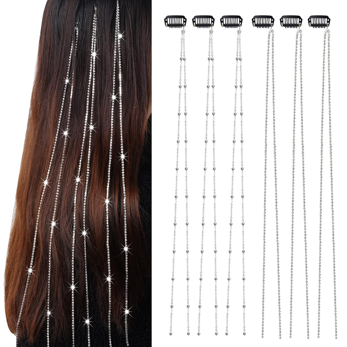 hoyuwak 6Pcs Hair Jewelry for Braids Rhinestone Hair Chains Clip In Bling Tassel Hair Charms Accessories for Women Girls Festival Rave, Silver